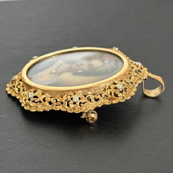 18K Yellow Gold Antique Intricate Filigree Diamond Portrait Cameo Pin Pendant - Picture 14 of 15